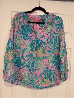 Lily Pulitzer Vibrant Pink Tropical Print Women's Blouse